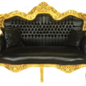 Casa Padrino Barock 2er Sofa Master Schwarz Lederoptik / Gold - Wohnzimmer Couch MÃ¶bel Lounge