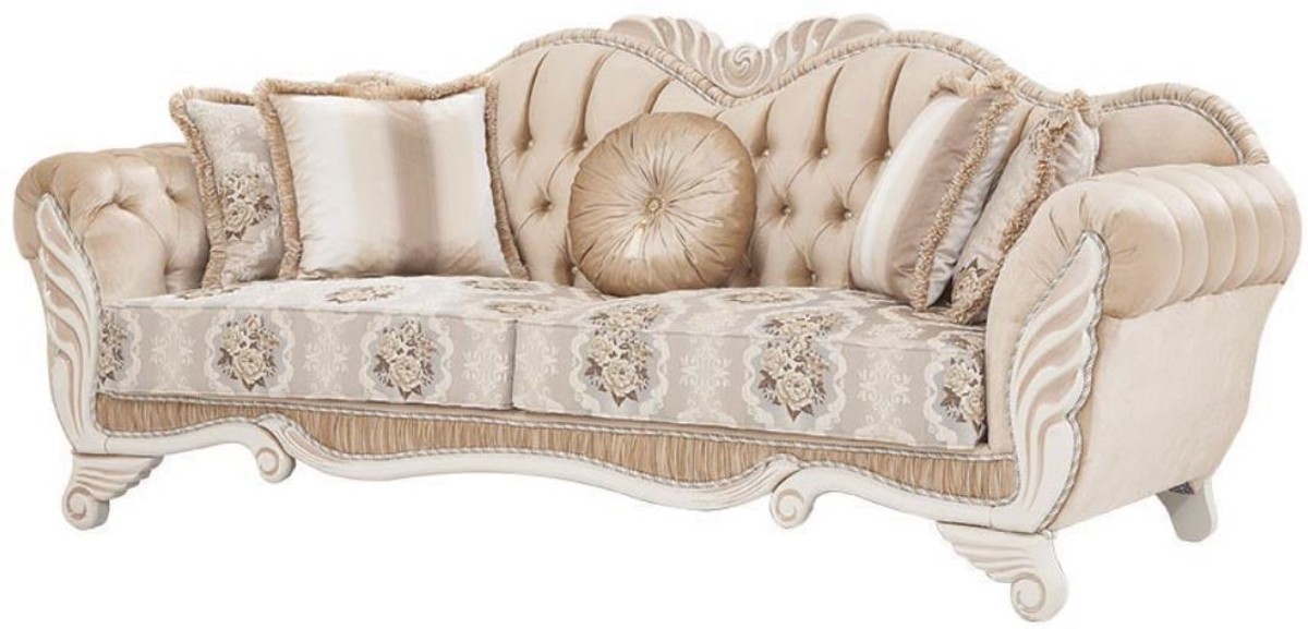 Casa Padrino Luxus Barock Sofa Beige / Weià 230 x 88 x H. 96 cm - Wohnzimmer Sofa mit Blumenmuster und dekorativen Kissen - Barock Möbel