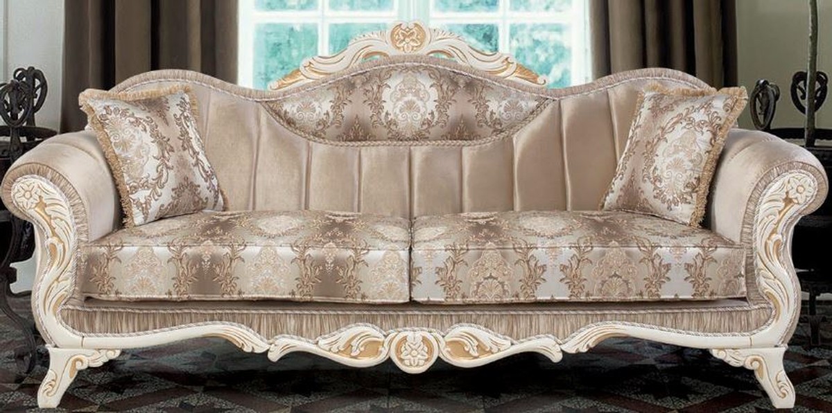 Casa Padrino Luxus Barock Sofa mit Kissen Beige / Weià / Gold 237 x 90 x H. 99 cm - Barock Wohnzimmer Möbel