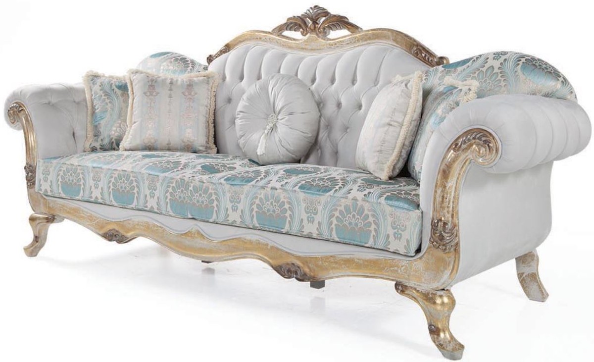 Casa Padrino Luxus Barock Samt Sofa mit Kissen Grau / Türkis / Antik Gold 252 x 82 x H. 115 cm - Wohnzimmer Möbel im Barockstil