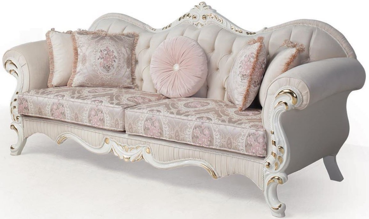 Casa Padrino Luxus Barock Sofa Rosa / Weià / Gold 237 x 90 x H. 99 cm - Wohnzimmer Couch mit dekorativen Kissen - Barockmöbel