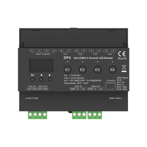 DP4 LED-Dimmer 4-Kanal – DALI & DMX Steuerung, 4x12A, 12–48 V DC, Konstantspannung für Hutschiene