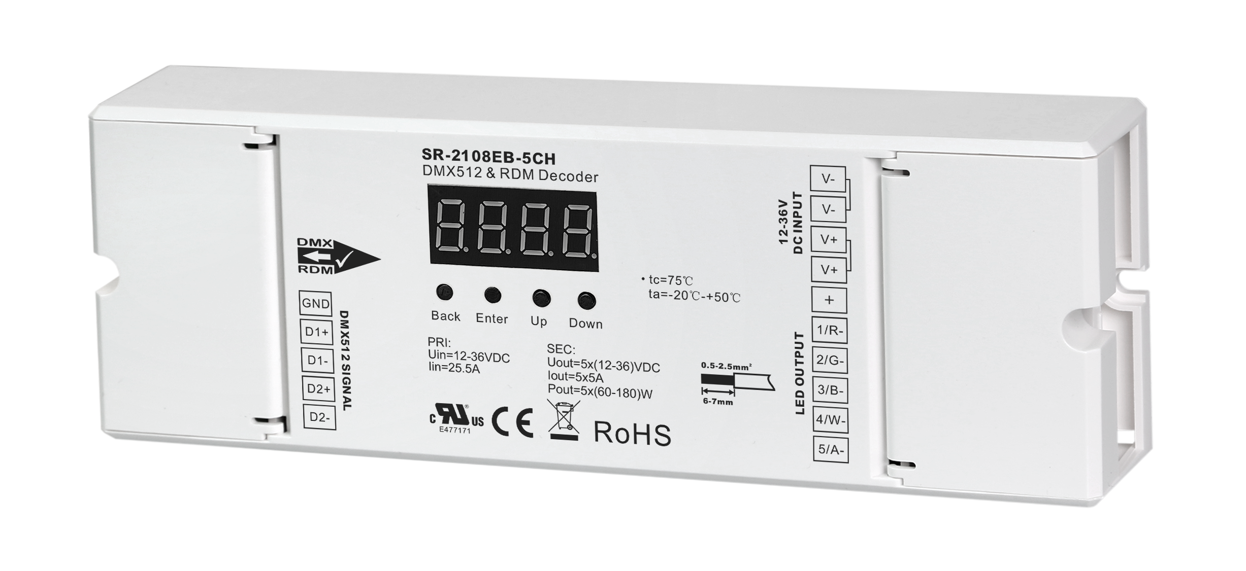 SR-2108EB-5CH DMX512 & RDM LED Decoder – 5-Kanal, 5A/Kanal, 12–36 V, 8/16 Bit